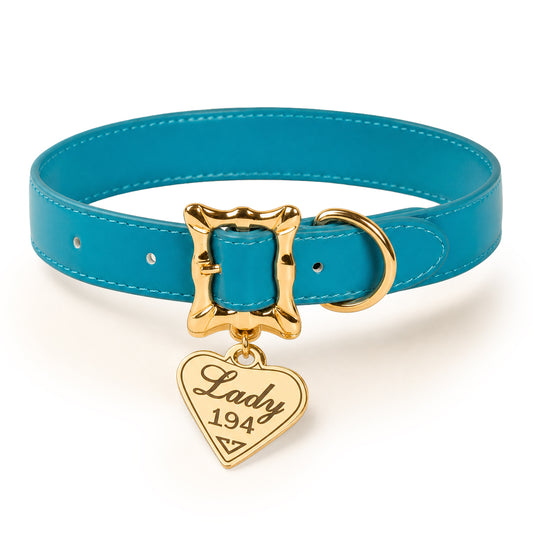 Vegan Leather Dog Collar - Lady and the Tramp Blue PU w LADY 194 Heart Charm