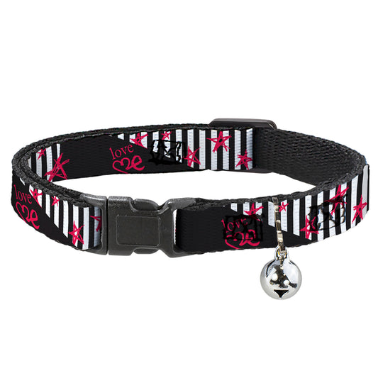 Cat Collar Breakaway with Bell - Love Me w Sketch Stars & Stripes Black White Fuchsia - NARROW Fits 8.5-12"