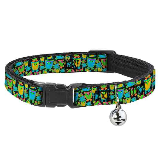 Cat Collar Breakaway - Owls w Outline Black Multi Neon
