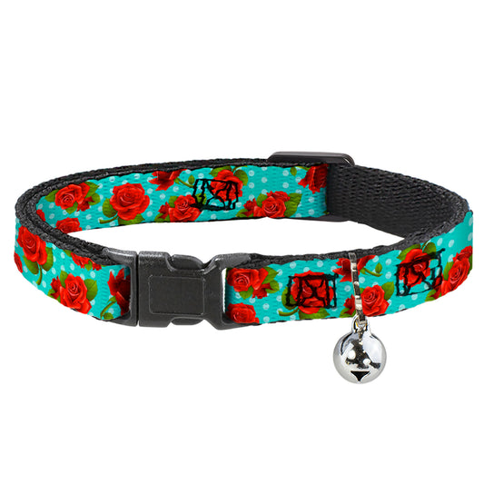 Cat Collar Breakaway - Red Roses Polka Dots Turquoise