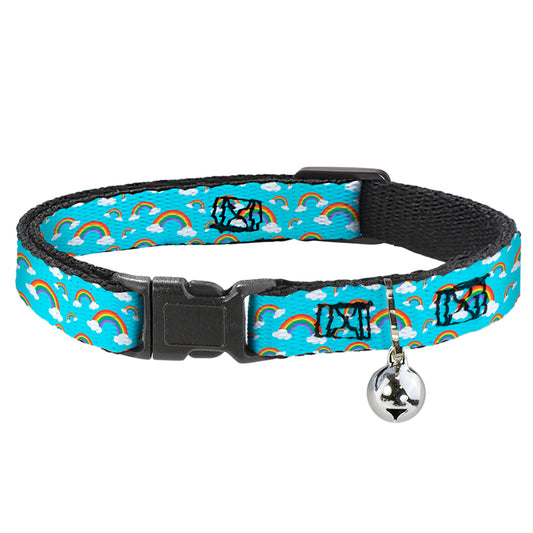 Cat Collar Breakaway with Bell - Rainbows Scattered Blue - NARROW Fits 8.5-12"