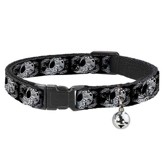 Cat Collar Breakaway - Tattoo Skull Floral Black White