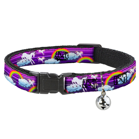 Cat Collar Breakaway - Unicorns Rainbows w Stripes Purple