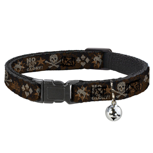 Cat Collar Breakaway with Bell - Western NO GUTS NO GLORY Skull and Crossbones Browns Gray - NARROW Fits 8.5-12"