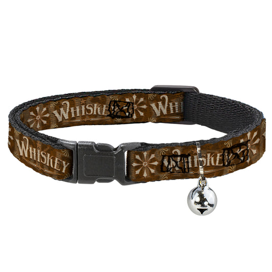 Cat Collar Breakaway with Bell - Western WHISKEY Star with Text Shadow Repeat Browns Tan - NARROW Fits 8.5-12"