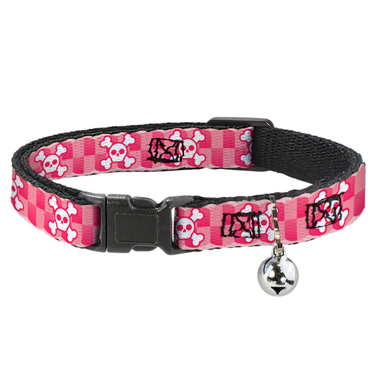 Cat Collar Breakaway - Cute Skulls w Checkers Pinks White