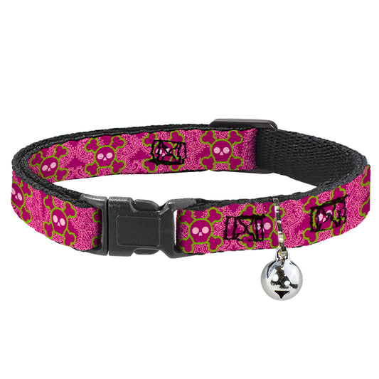 Cat Collar Breakaway - Cute Skulls w Paisley Purple Pink Green