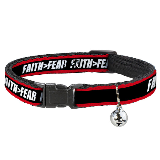 Cat Collar Breakaway with Bell - FAITH Greater Than FEAR Stripe Red Black White - NARROW Fits 8.5-12"