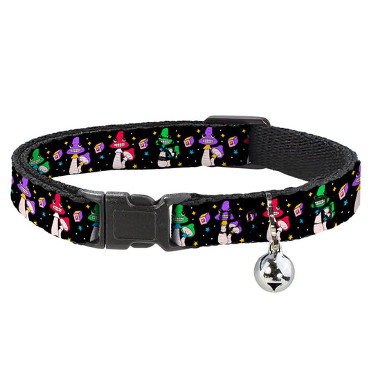 Cat Collar Breakaway with Bell - Happy Mushrooms with Stars Black Multi Color