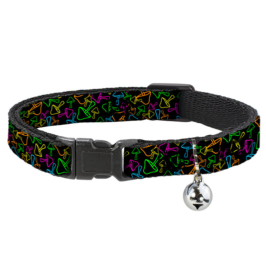 Cat Collar Breakaway with Bell - Mushroom Outline Scattered Black Multi Neon - NARROW Fits 8.5-12"