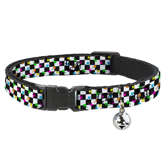 Cat Collar Breakaway with Bell - Mushrooms Scattered Checker Black White Multi Neon - NARROW Fits 8.5-12"