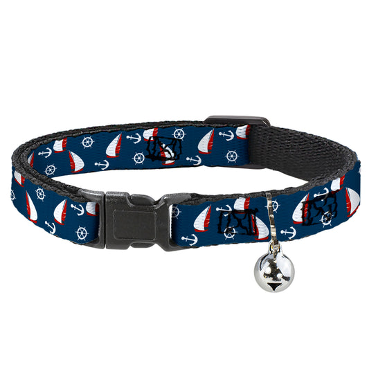Cat Collar Breakaway - Sailboat Anchor Helm Scattered Navy White Red