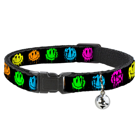Cat Collar Breakaway with Bell - Smiley Face Melted Repeat Black Multi Neon - NARROW Fits 8.5-12"