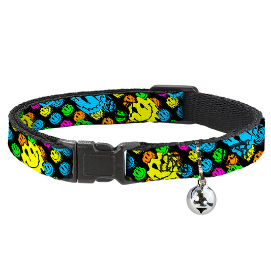 Cat Collar Breakaway with Bell - Smiley Faces Melted Stacked Black Multi Neon - NARROW Fits 8.5-12"