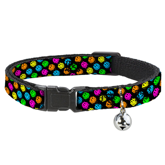 Cat Collar Breakaway with Bell - Smiley Faces Melted Mini Repeat Angle Black Multi Neon - NARROW Fits 8.5-12"