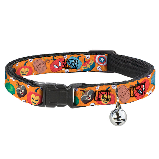 Cat Collar Breakaway with Bell - Marvel 9-Avengers Halloween Jack-O-Lantern Pumpkin Icons Scattered Orange - NARROW Fits 8.5-12"