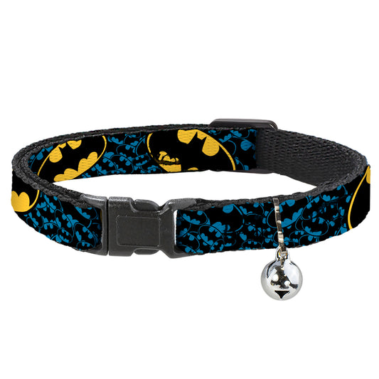 Breakaway Cat Collar with Bell - Bat Signals Stacked w/CLOSE-UP Blue/Black/Yellow