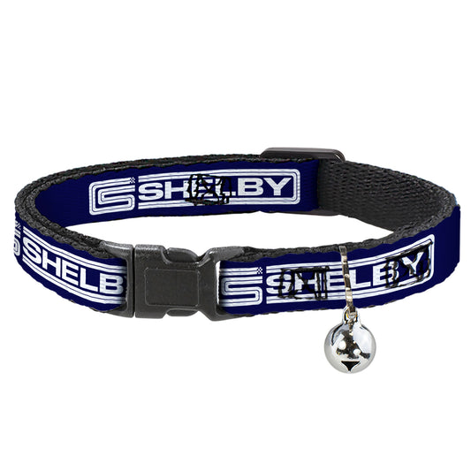 Cat Collar Breakaway with Bell - Carroll Shelby CS SHELBY Racing Logo Block Navy White - NARROW Fits 8.5-12"