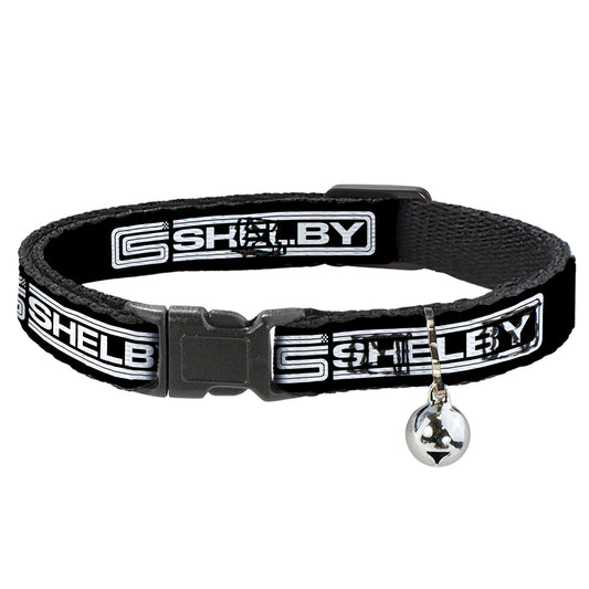 Cat Collar Breakaway with Bell - Carroll Shelby CS SHELBY Racing Logo Block Black White - NARROW Fits 8.5-12"