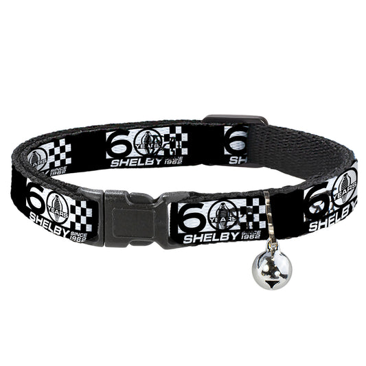 Cat Collar Breakaway with Bell - SHELBY 60 YEARS SINCE 1962 Checker Black White - NARROW Fits 8.5-12"
