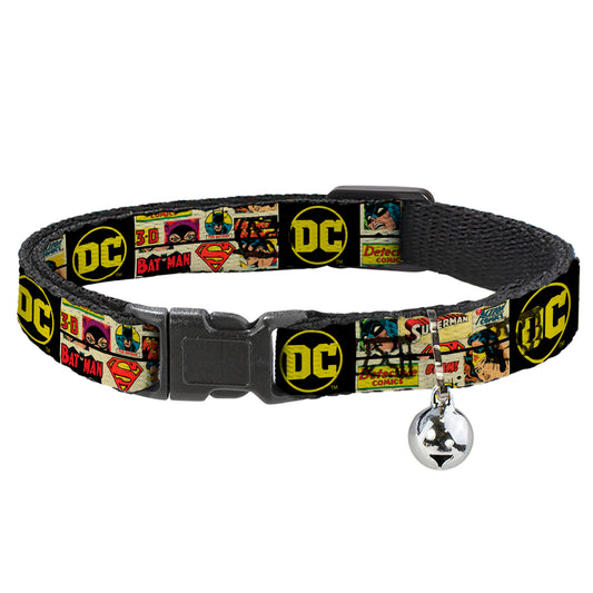 Cat Collar Breakaway with Bell - Vintage DC Comics Superhero and Logos Collage Black - NARROW Fits 8.5-12"