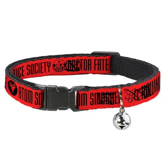 Cat Collar Breakaway with Bell - Black Adam JUSTICE SOCIETY Icons and Text Red Black - NARROW Fits 8.5-12"