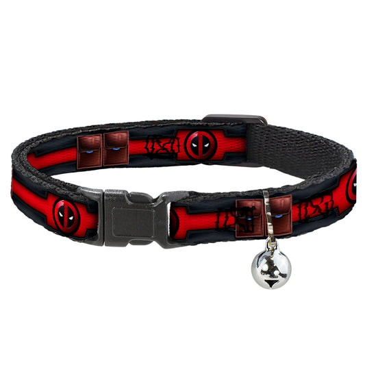 MARVEL DEADPOOL Cat Collar Breakaway - Deadpool Utility Belt Logo Pockets Black Reds Browns