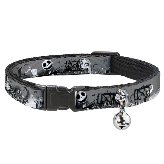Cat Collar Breakaway - Nightmare Before Christmas Jack & Sally Cemetery Scene Gray Black White