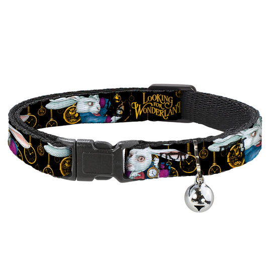 Cat Collar Breakaway - White Rabbit Poses LOOKING FOR WONDERLAND Clocks Black Golds