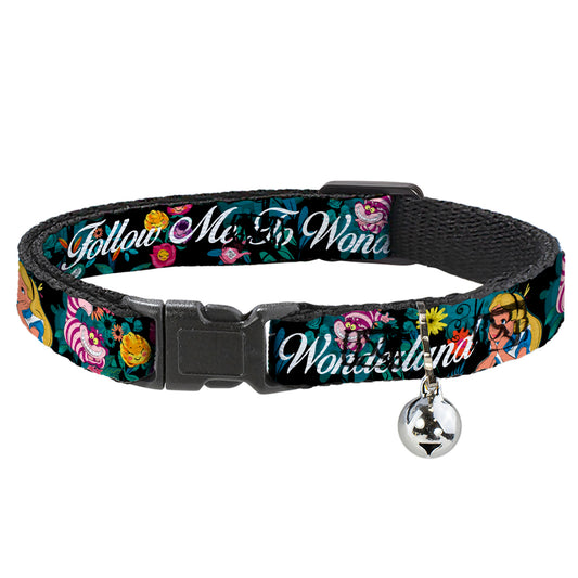 Cat Collar Breakaway - Alice Cheshire Cat Flowers Poses2 FOLLOW ME TO WONDERLAND Black Multi Color White