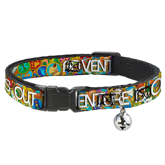 Cat Collar Breakaway - ADVENTURE IS OUT THERE Stacked Wilderness Explorer Badges Tan Multi Color White