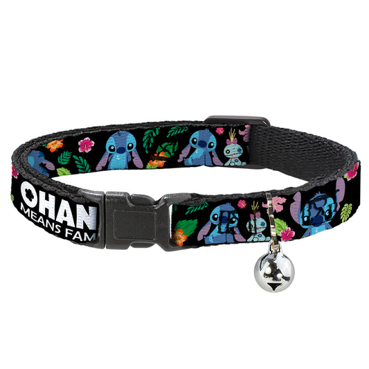 Cat Collar Breakaway - OHANA MEANS FAMILY Stitch & Scrump Poses Tropical Flora Black White Multi Color