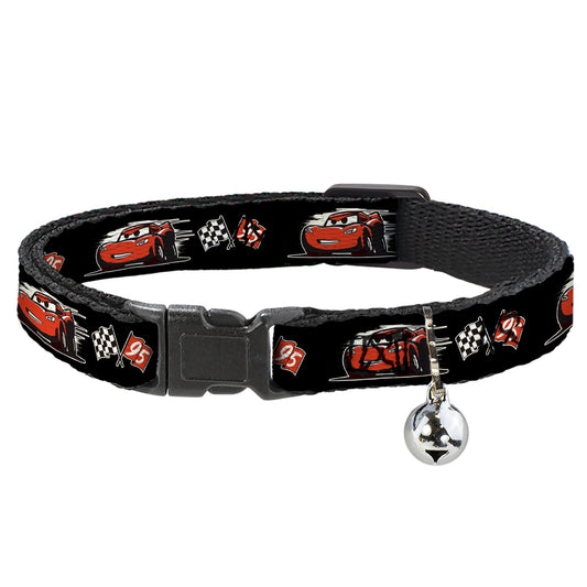 Cat Collar Breakaway - Cars 3 Lightning McQueen Caricature Race Flags Black White Red