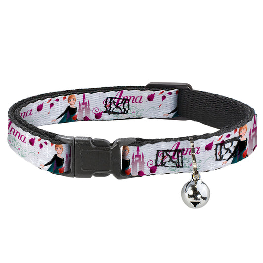 Cat Collar Breakaway with Bell - Frozen Anna Castle Pose with Flowers and Script Grays Pinks - NARROW Fits 8.5-12"