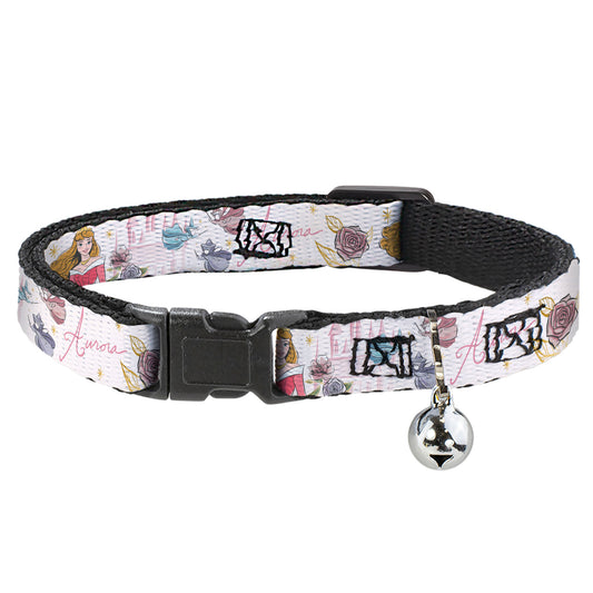 Cat Collar Breakaway with Bell - Sleeping Beauty Aurora Castle and Fairy Godmothers Pose with Script and Flowers White Pinks - NARROW Fits 8.5-12"