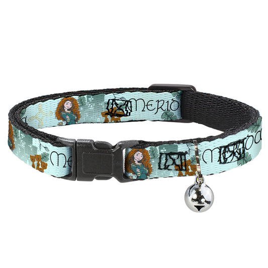 Cat Collar Breakaway with Bell - Brave Merida Castle and Three Bear Brothers Pose with Script Greens - NARROW Fits 8.5-12"