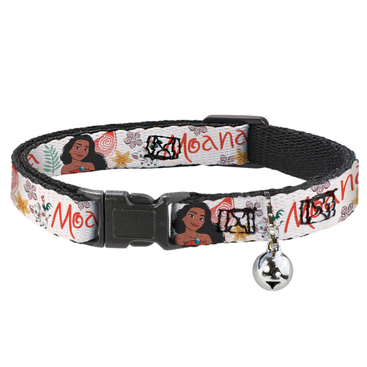 Cat Collar Breakaway with Bell - Moana with Pua and Hei Hei Sail Pose with Script and Flowers Beige Orange - NARROW Fits 8.5-12"