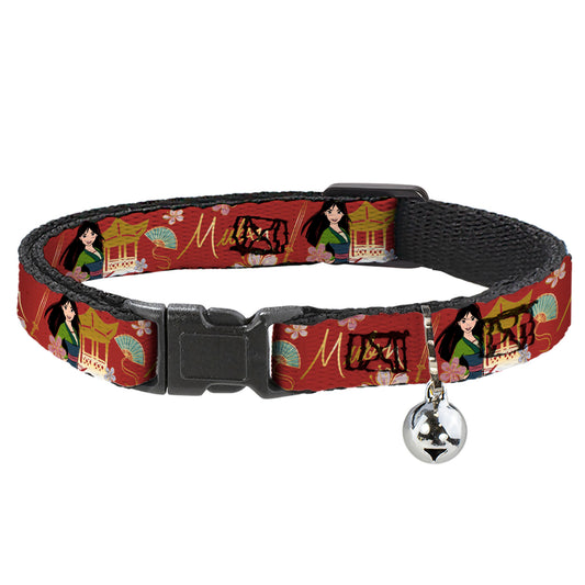 Cat Collar Breakaway with Bell - Mulan Gazebo Pose with Flowers and Script Red Golds - NARROW Fits 8.5-12"
