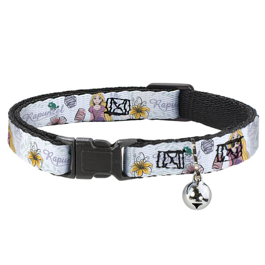 Cat Collar Breakaway with Bell - Rapunzel Castle and Pascual Pose with Script and Flowers White Purples