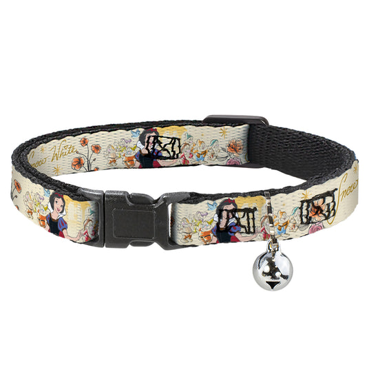 Cat Collar Breakaway with Bell - Snow White and the Seven Dwarfs with Script and Flowers Yellows - NARROW Fits 8.5-12"