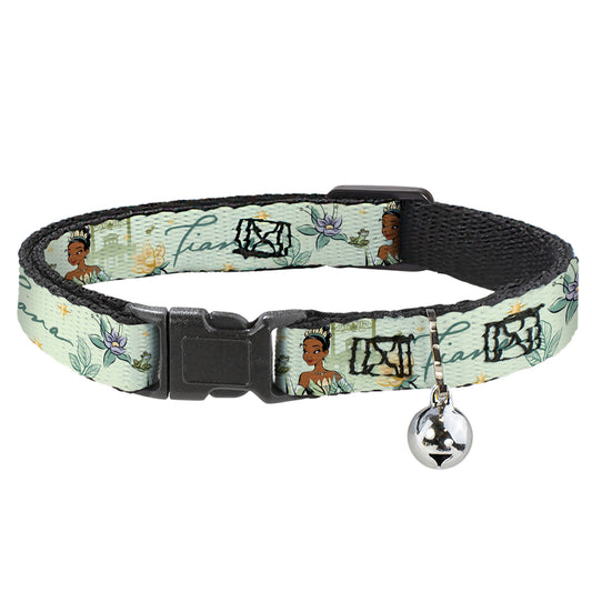 Cat Collar Breakaway with Bell - The Princess and the Frog Tiana Palace Pose with Script and Flowers Greens - NARROW Fits 8.5-12"