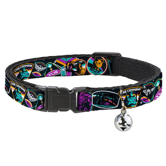 Cat Collar Breakaway with Bell - Lightyear Mission Patches Collage Black Multi Color - NARROW Fits 8.5-12"
