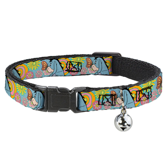 Cat Collar Breakaway with Bell - Winnie the Pooh Eeyore Butterfly Pose Floral Collage Blue Pinks Yellows - NARROW Fits 8.5-12"