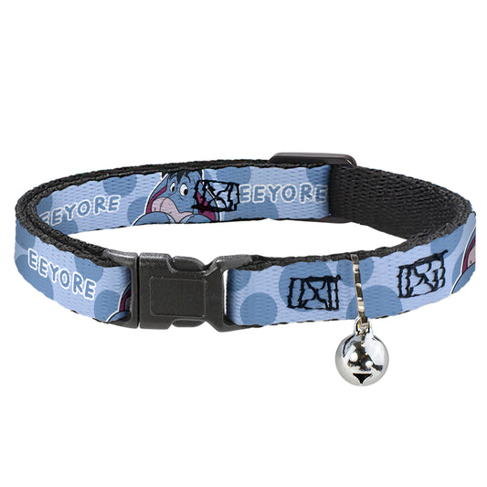 Cat Collar Breakaway with Bell - Winnie the Pooh Eeyore Text and Expression Close-Up Dot Blues - NARROW Fits 8.5-12"