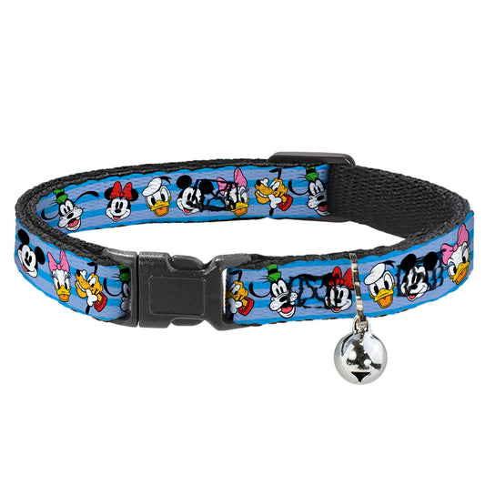 Cat Collar Breakaway with Bell - Disney The Sensational Six Smiling Faces Stripe Blues - NARROW Fits 8.5-12"