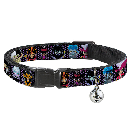 Cat Collar Breakaway with Bell - Disney 11-Sweet Chibi Villain Poses Polka Dot Black Lavender - NARROW Fits 8.5-12"