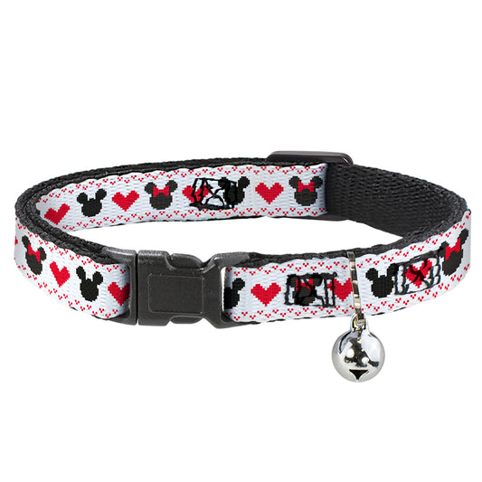 Cat Collar Breakaway with Bell - Disney Holiday Mickey and Minnie Mouse Heart Sweater Stitch White Red Black - NARROW Fits 8.5-12"