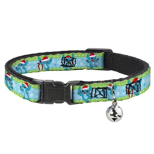 Cat Collar Breakaway with Bell - Lilo and Stitch Holiday Stitch and Scrump Poses Stripe Green Blue - NARROW Fits 8.5-12"