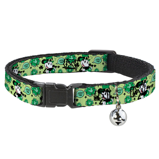Cat Collar Breakaway with Bell - Mickey Mouse St. Patrick's Day LUCKY ME Leprechaun Pose and Shamrocks Greens - NARROW Fits 8.5-12"