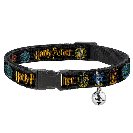 Cat Collar Breakaway with Bell - HARRY POTTER Hufflepuff/Ravenclaw/Gryffindor/Slytherin Coat of Arms Black